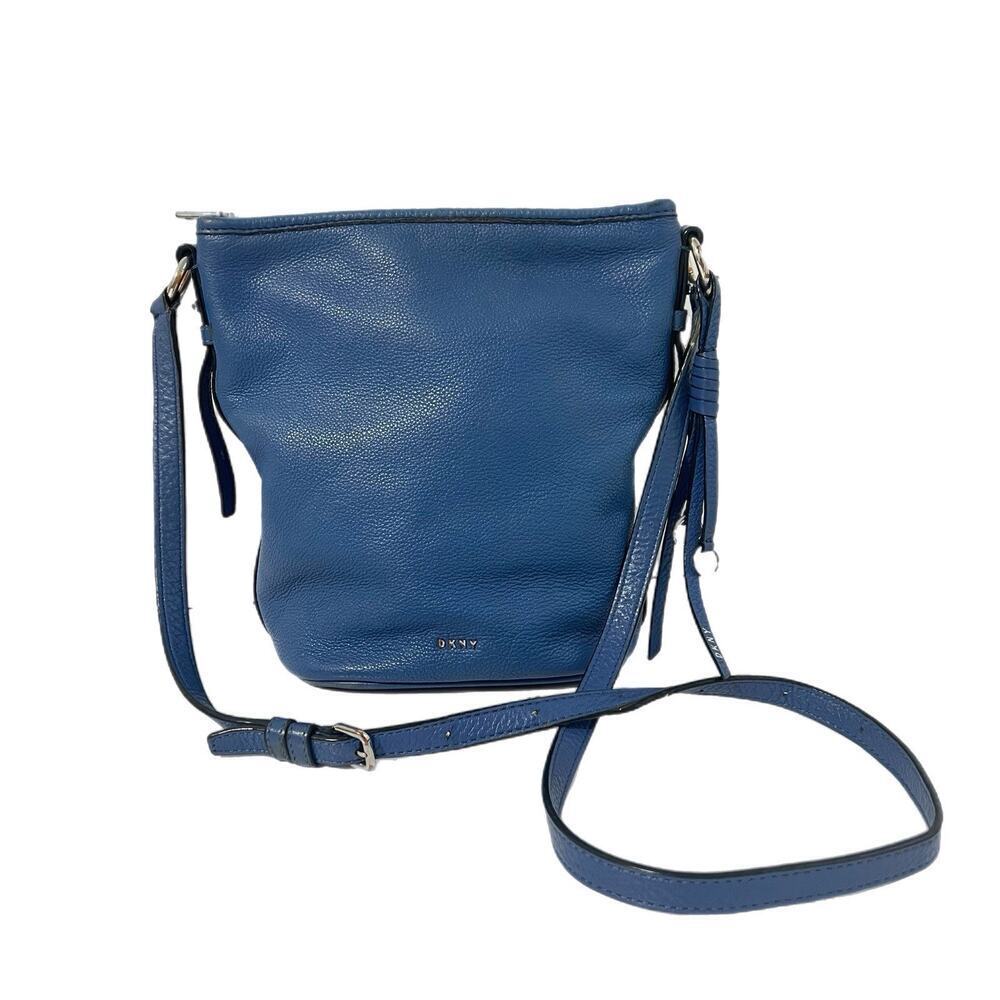 DKNY Blue Pebbled Leather Crossbody Shoulder Bucket Bag Medium